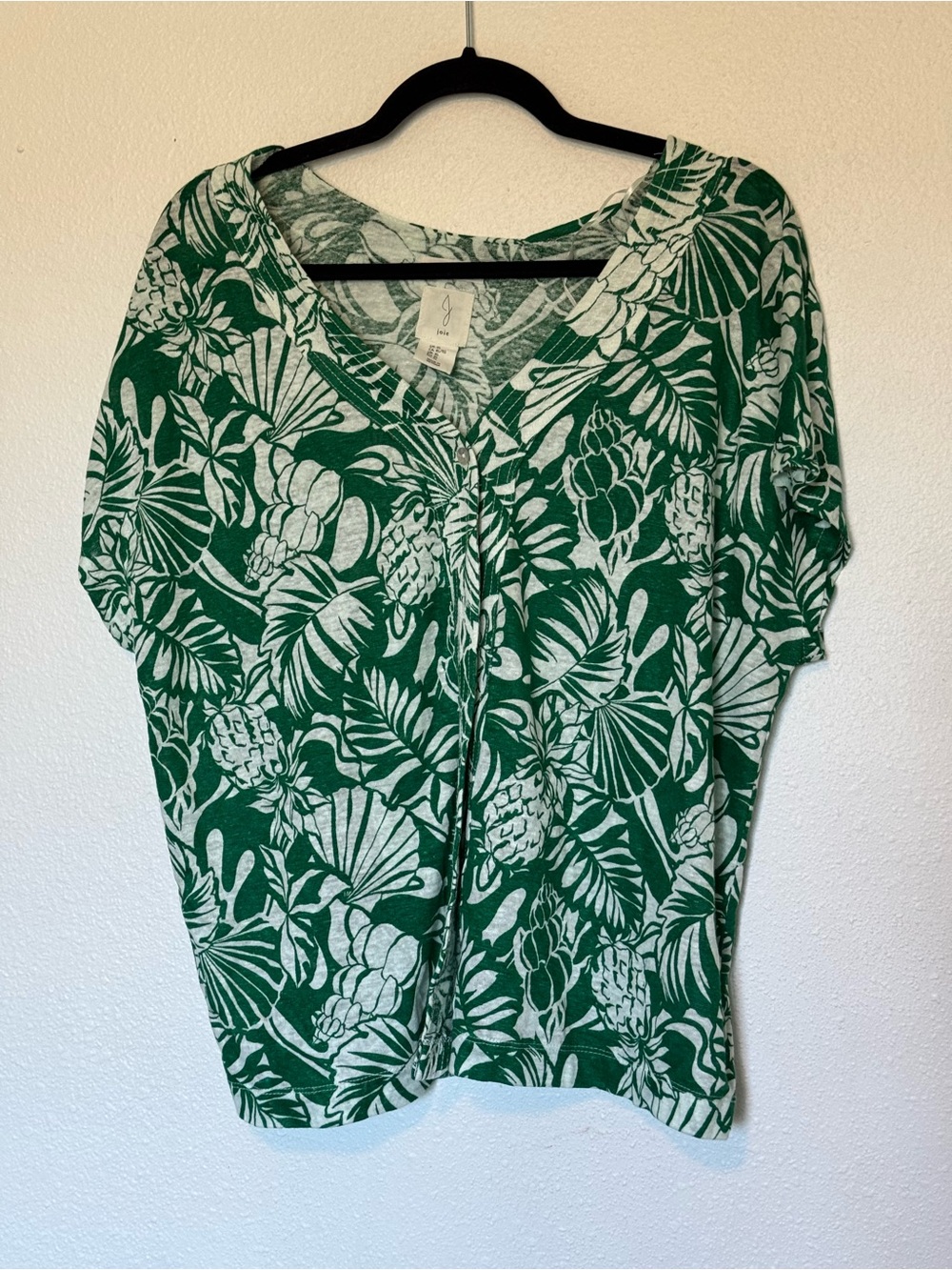 Joie Green and White Tropical Print Tunic Top